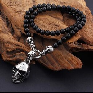 Men's Punk Style Crystal Beaded Stainless Steel Skull Pendant Necklace